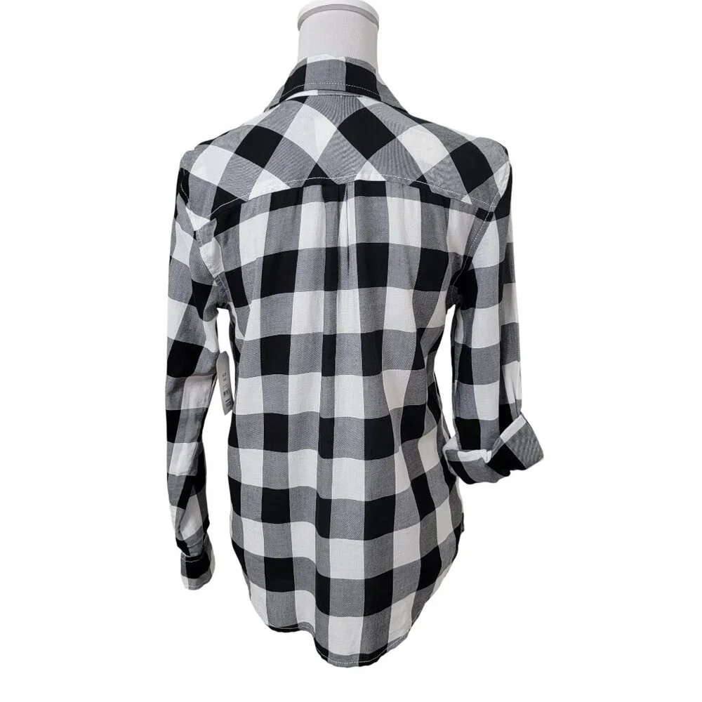 Faded Glory Size S (4-6) Black & White Plaid Long Sleeve Button Down Shirt NEW